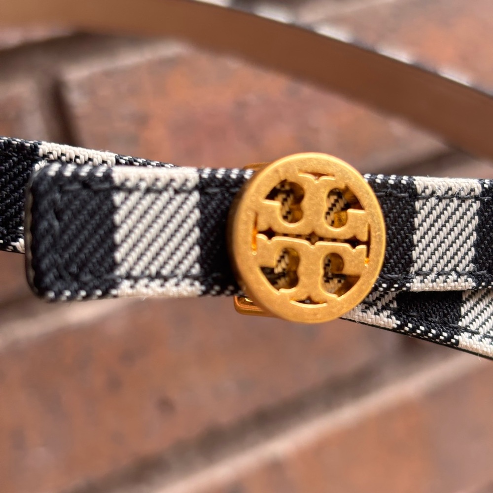 Tory Burch Black and White Plaid Leather Belt Size Small